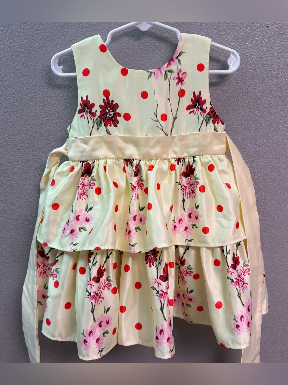 Girls Cream Floral & Red Polka Dot Tiered Dress
